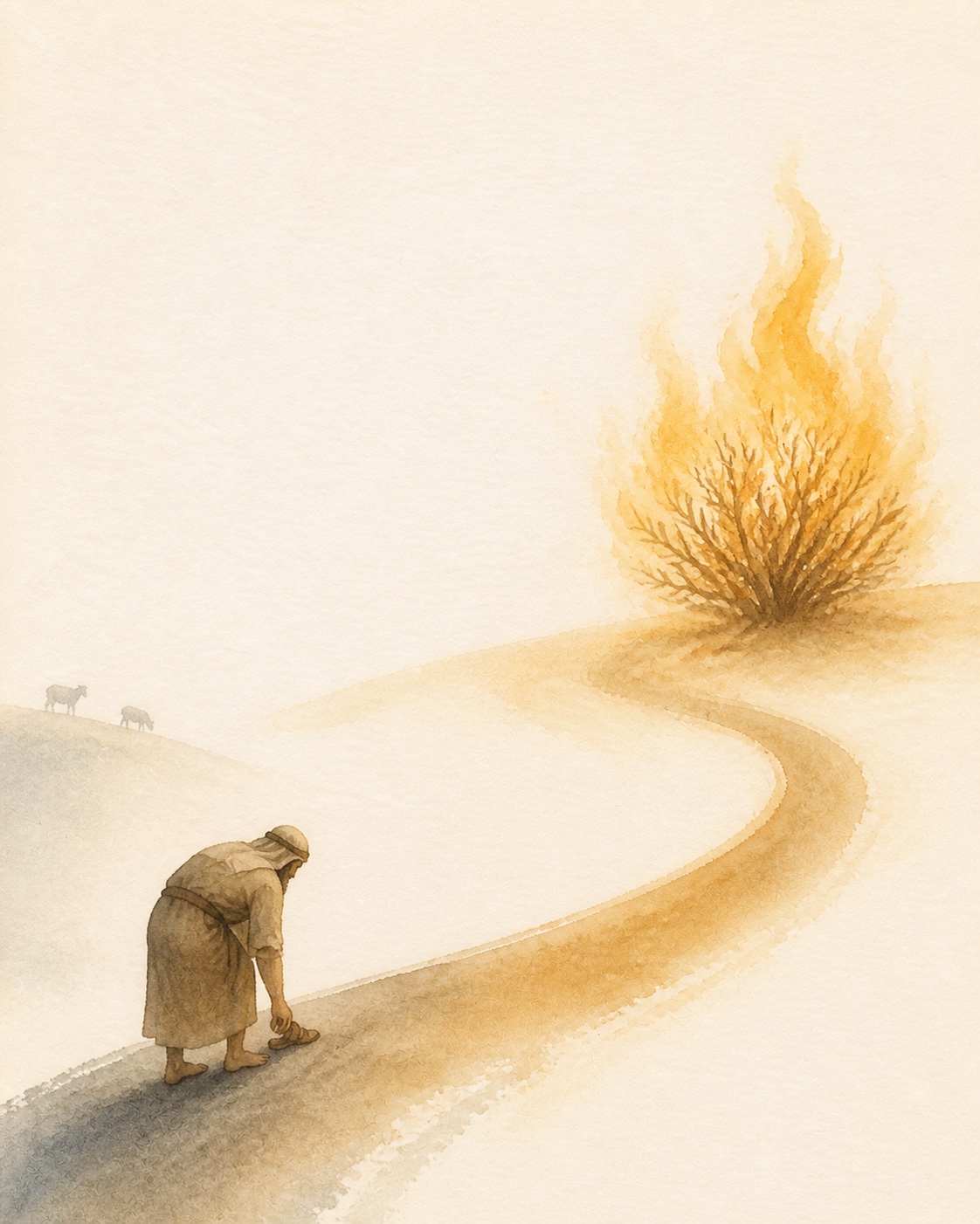Watercolor illustration of Moses approaching the burning bush
