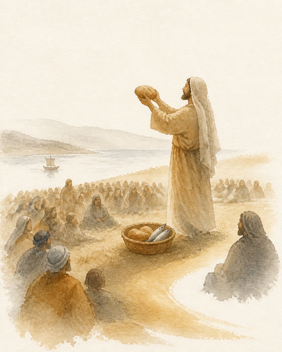 Watercolor Scripture illustration of loaves and a disciple